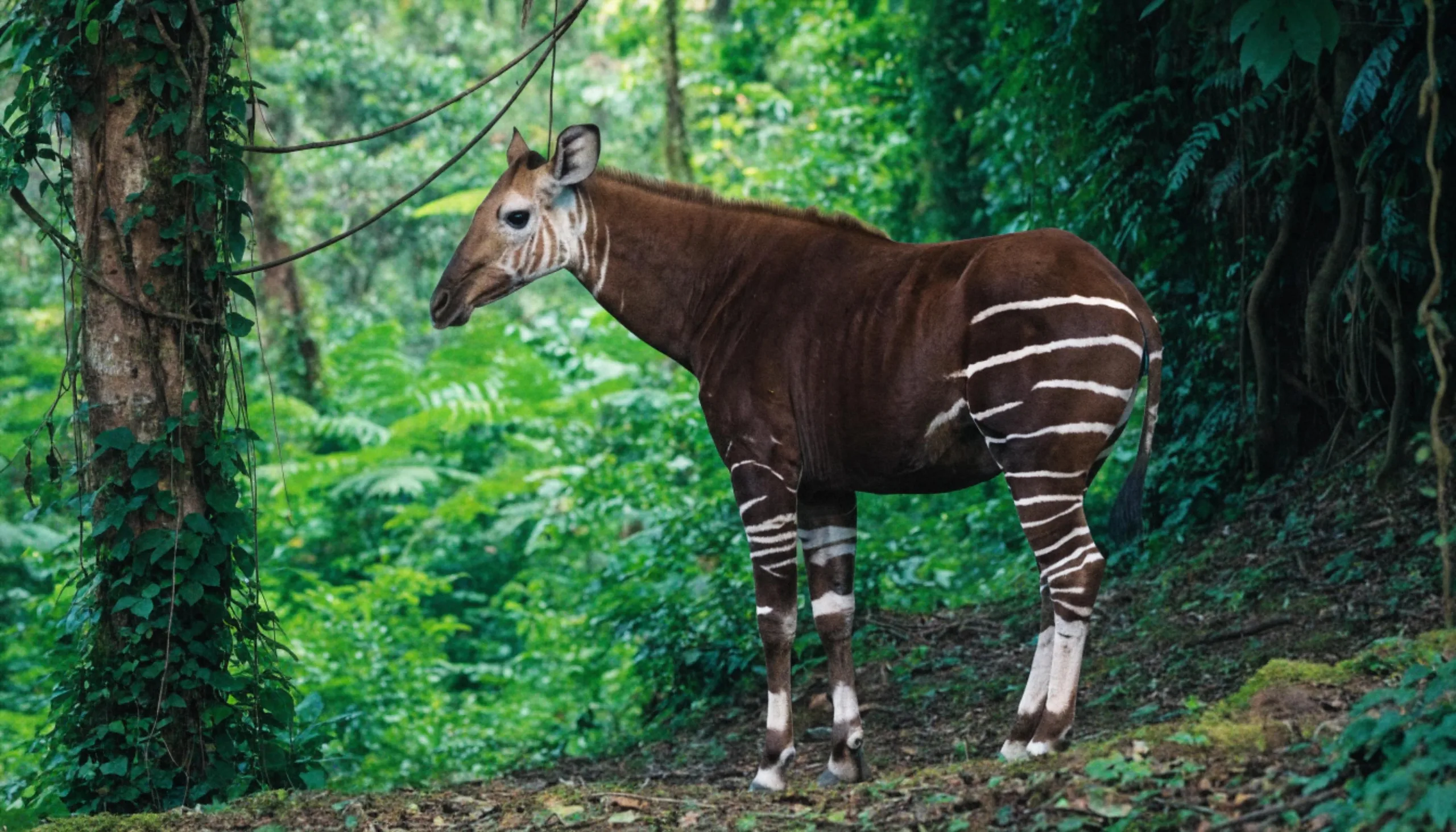 An okapi in rainforest shade, a species whose breeding biology was worked out almost entirely in zoos